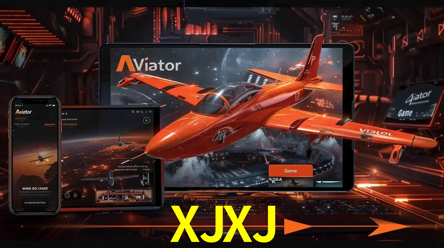 Apresentação tecnológica do jogo Aviator com um avião saindo da tela de um tablet, demonstrando a experiência imersiva em múltiplos dispositivos no XJXJ.
