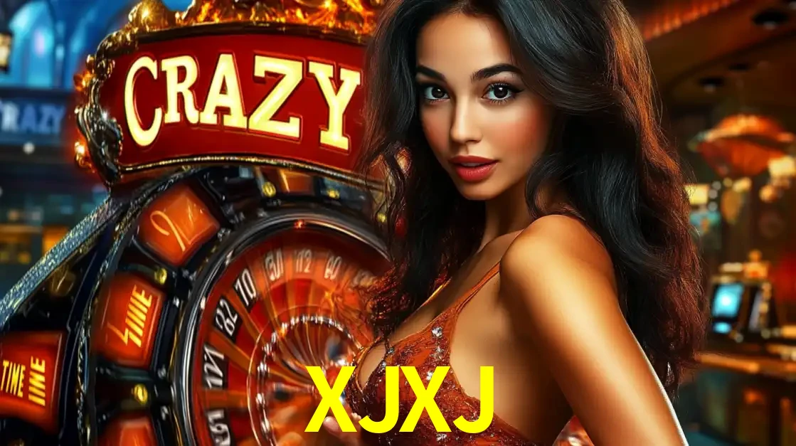 Mulher glamourosa olhando para a câmera com a roda vermelha do Crazy Time ao fundo em um ambiente de cassino, destacando a emoção dos jogos ao vivo no XJXJ.