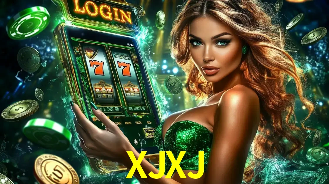 Mulher com tema verde apresentando o aplicativo do cassino XJXJ com um jogo de slot de 777, cercada por fichas de cassino e uma aura de sorte.