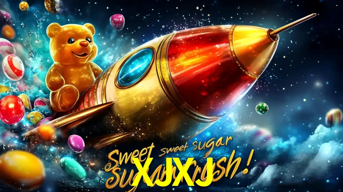 Arte promocional do jogo de slot Sugar Rush, com um urso de pelúcia em um foguete viajando pelo espaço de doces, um dos jogos divertidos disponíveis no cassino XJXJ.