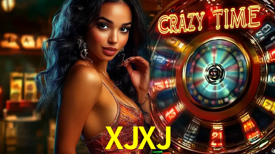 Mulher elegante ao lado da vibrante roda da fortuna do jogo de cassino ao vivo Crazy Time, um dos game shows mais populares e cheios de prêmios do XJXJ.