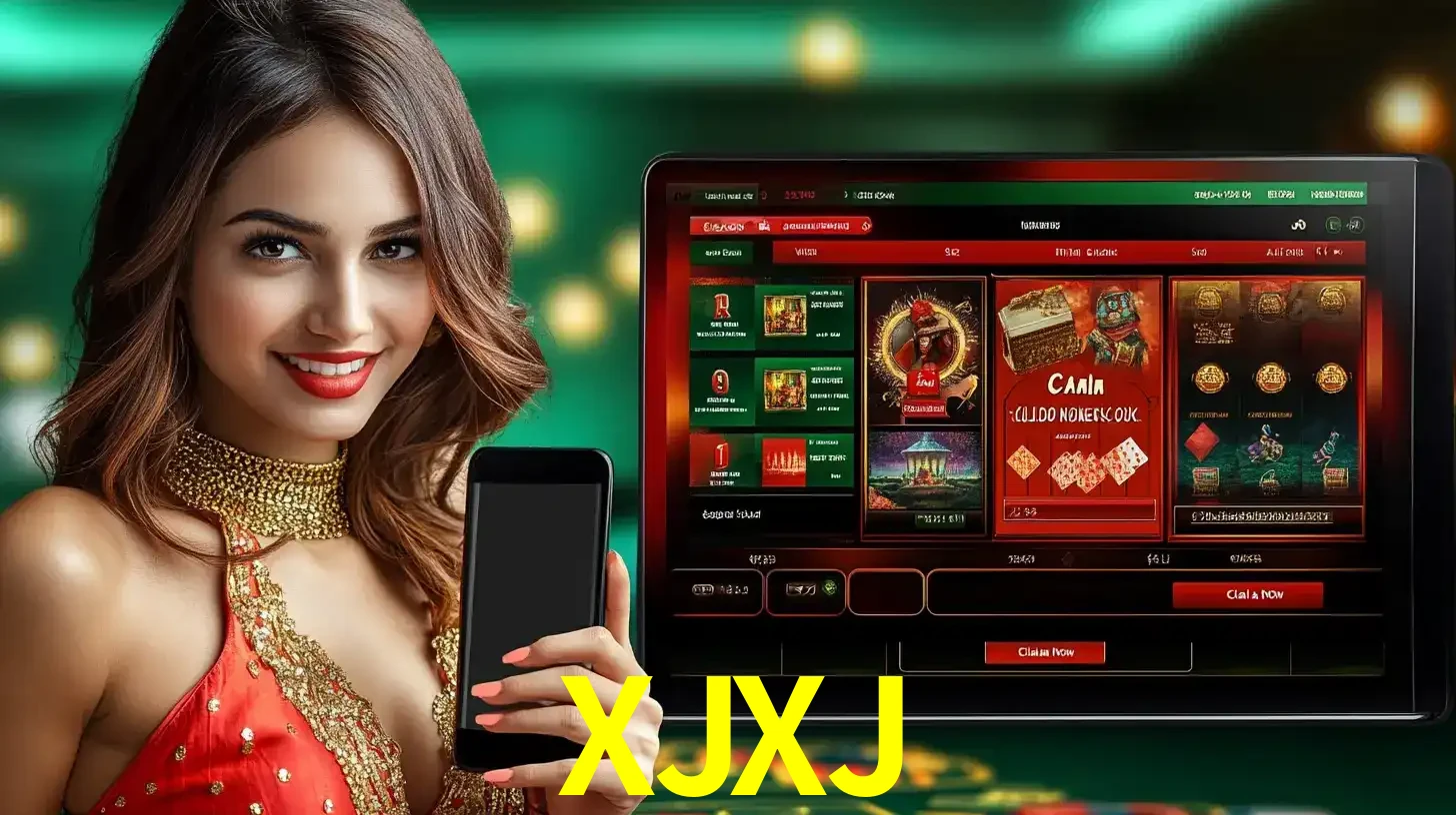 Mulher sorridente segurando um smartphone, ao lado de uma tela exibindo o lobby de jogos do cassino online XJXJ, com várias opções de jogos de cartas e slots.